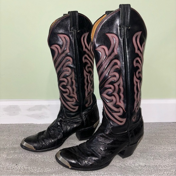VTG Tony Lama Black Embroidered Eel Skin Leather Metal Cowboy Boots Men’s Sz 9 D - Picture 3 of 11
